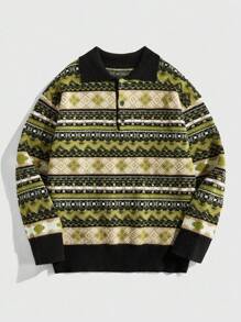ROMWE MEN Street Life Men's Casual Button-Up Jacquard Knit Sweater - Green - View 1