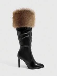 CUCCOO SZL 时尚欧美尖头细高跟石纹性感夜店女式过膝长靴 - 黑色 - 查看 4