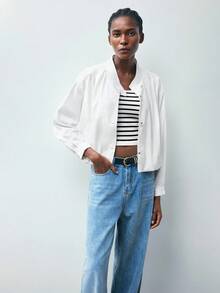 Maija Jaqueta branca fina e solta com gola alta e bainha franzida, confortável, urbana, elegante e versátil, roupa feminina de ano novo para outono/inverno