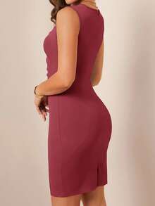 Amorya Women's Elegant Solid Color Ruffle Sleeveless Fitted Dress - Coral Pink - View 2