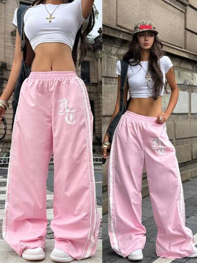 Coolane 女士夏季演唱会狂欢节外出 Y2K 复古街头服饰图案粉色运动阔腿裤