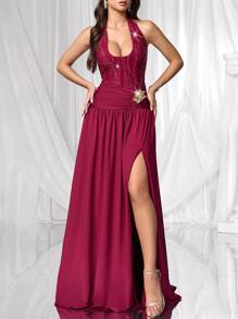 Coutiva Women's Formal Evening Gown (Heavily Embellished) Sequin Dress  Lace Dress Red Dress Burgundy Dress Luxury Evening Dresses For Women - Burgundy - View 7