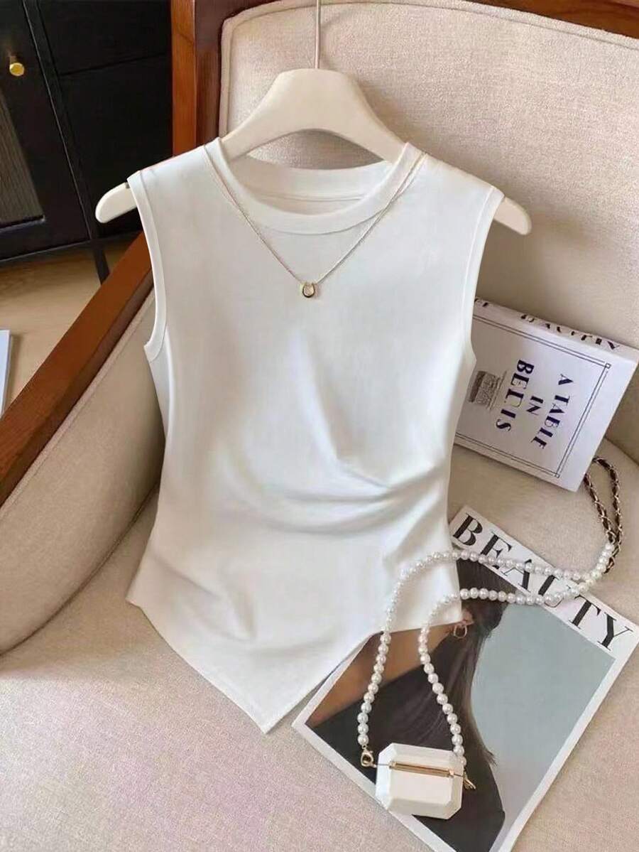 GlowEve 女士时尚休闲纯色不对称下摆无袖背心 - 白色 - 查看 1