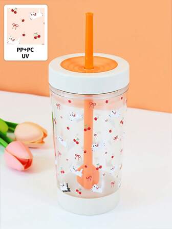 Kawaii 1pc Straw Cup With Lid, Reusable Drinking Iced Coffee Cup, Wagon Cup, Adult And Children'S Gift,Cherry Cute Fruit Cup, Kitten Pattern Cute Straw Cup, Decoration