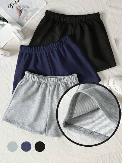 SHEIN 3pcs/Set Teen Girls' Black, Navy, Gray Elastic Waist Knit Loose Shorts, Versatile Casual Shorts For All Seasons, Back To School, Loungewear Kids Comfy Shorts Shorts For Girls 3 Packs Shorts Kids Athletic Shorts Girls Sports Shorts Girls Shorts Girls Athletic Shorts