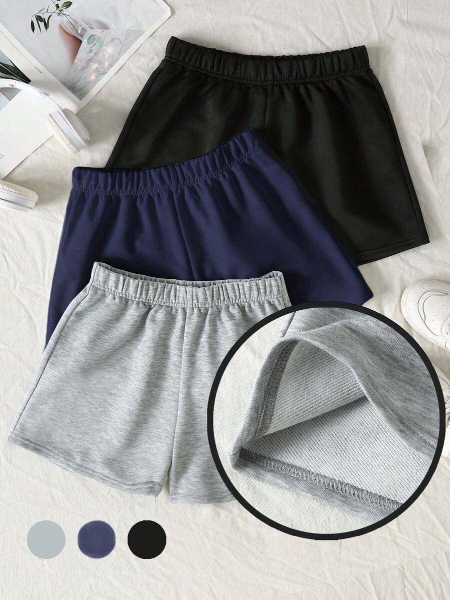 SHEIN 3pcs/Set Teen Girls' Black, Navy, Gray Elastic Waist Knit Loose Shorts, Versatile Casual Shorts For All Seasons, Back To School, Loungewear Kids Comfy Shorts Shorts For Girls 3 Packs Shorts Kids Athletic Shorts Girls Sports Shorts Girls Shorts Girls Athletic Shorts