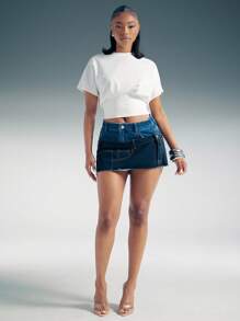 Denimoi Stacked Waist Low Rise Raw Hem Denim Micro Mini Skirt - Dark Wash - View 3