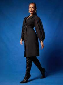 NYA SZN Dress Long Sleeve Plunge V Neck Button Up Collar Modest Guest Midi Length Outfits For Women - Black - View 5