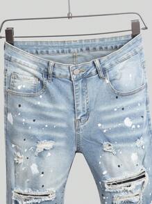 Manfinity LEGND 男士浅蓝色休闲做旧口袋牛仔短裤，Emo 风格 - 淺色水洗藍 - 查看 3