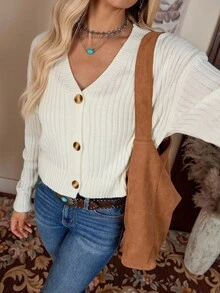 LanaWest Cárdigan de hombros caídos de punto acanalado - Albaricoque - Ver 1