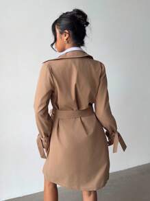 SHEIN Tall 女士棕色翻领双排扣口袋系带中长款休闲宽松时尚优雅百搭办公室风衣女士风衣卡其色风衣女士风衣配腰带 - 卡其色 - 查看 2