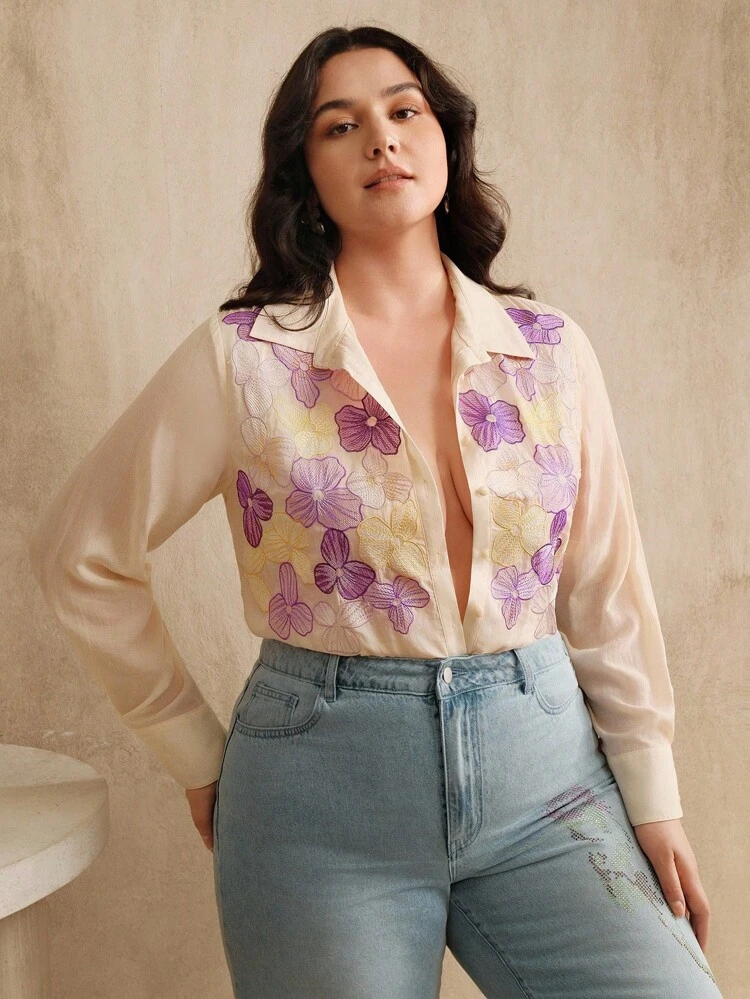 Nouvelle blouse élégante et brodée violet foncé grande taille pour femmes, chemise streetwear à manches longues