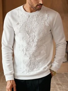 HIMLAND Men's Elastic Casual Knit Floral Lace Trim Crew Neck Pullover Sweatshirt, For Fall Winter