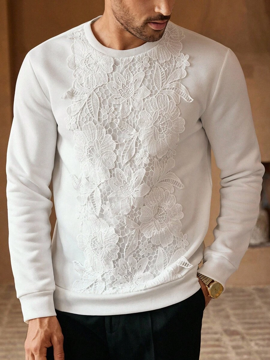 HIMLAND Men's Elastic Casual Knit Floral Lace Trim Crew Neck Pullover Sweatshirt, For Fall Winter