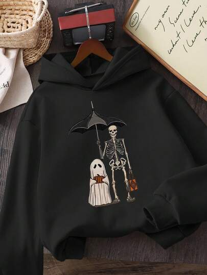 Glissea Women's Skull Print Loose Fit Casual Hoodie Sweatshirt