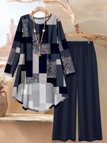 Rusticease 大码女式两件套西装：格子拼色图案印花长袖衬衫和纯色宽松裤，优雅休闲春夏季，两件套夏季服装女式夏季服装，两件套女式秋季服装 - 藏蓝色 - 查看 3