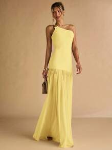 SHEIN BAE 女士杏色不对称肩部金属扣装饰紧身连衣裙，透明下摆，优雅 - 黃色 - 查看 3