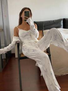 DAZY 3pcs/Set Floral Print Lace Patchwork Robe, Camisole Top & Pants Women Pajama Set, Fall Winter Clothes