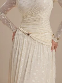 Modelyn 女士蝴蝶结网眼圆领长袖褶饰优雅连衣裙 - 白色 - 查看 1