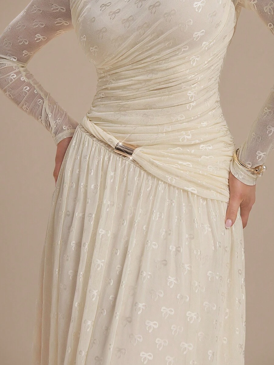 Modelyn 女士蝴蝶结网眼圆领长袖褶饰优雅连衣裙 - 白色 - 查看 1