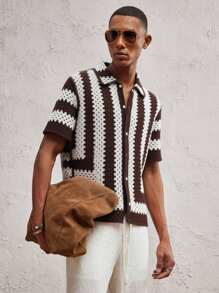 AKNOTIC Men's Hollow Out Design Striped Single-Breasted Loose Casual Knit Top - Multicolor - View 3