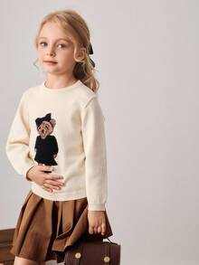 PrepCrw Young Girls' Collegiate Style Bear Graphic Crew Neck Sweater Little Girl School Clothes Kids Brown Skirts Girl Clothes Autumn And Winter Clothes Girls White Sweater With Bear Girls Pleated Skirt Fall - Multicolor - View 8