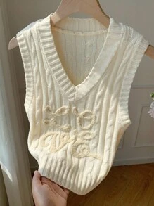 女式字母刺绣麻花V领休闲针织背心，秋季女装女式麻花针织背心 - 杏色 - 查看 7