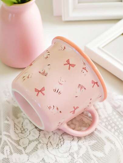 Kawaii 1pc Pink Colored Ceramic Coffee Cup, Simple Household Water Cup, Dishwasher, Microwave Compatible,Bow And Catie Pattern Cup, Kawaii Style,Suitable For Restaurant Or Home,Home Room Decor