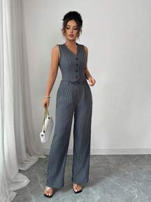 Chiquease 女士流行條紋無袖西裝外套和長褲套裝