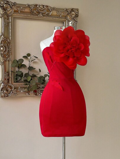SHEIN Belle Top tubo rojo elegante y romántico con bloque de color exagerado y decoración de flor tridimensional. Vestido ajustado. Adecuado para fiesta de soltero, cita nocturna y vestido de cóctel.