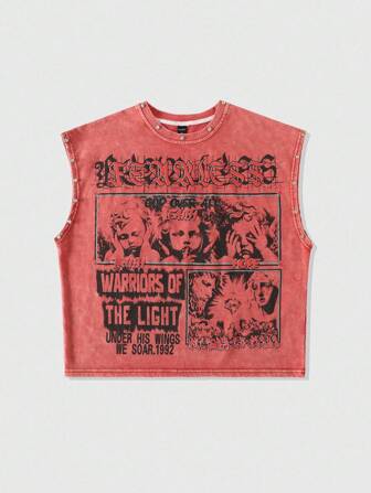 Street Life Men's Rhinestone Slogan & Figure Print Washed Crew Neck Tank Top, 2000s Style