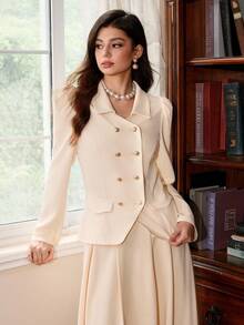 SHEIN MOD Women's Apricot Puff Sleeve Double-Breasted Cinched Waist Blazer And A-Line Skirt Set In Fall/Winter - Apricot - View 6