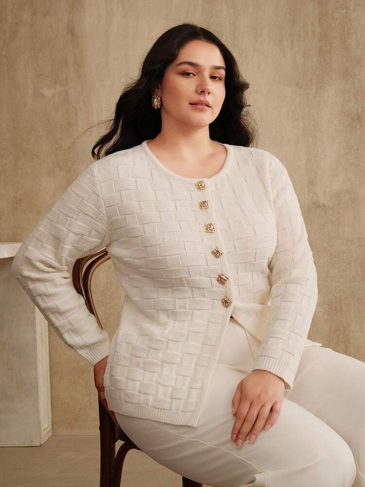 White,Autumn,Elegant,Everyday Plus Size V-Neck Long Sleeve Fitted Cardigan,Single-Breasted Design,Formal Party Chic Winter Work Christmas Wedding