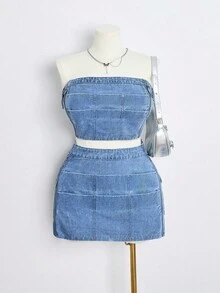 SHEIN MOD Plus Size Women's Casual Non-Stretch Denim Mini Skirt, Summer - Blue - View 4