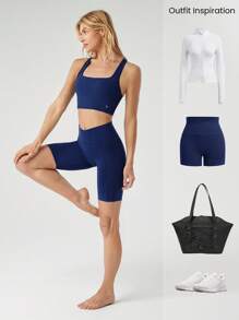 GLOWMODE FeatherFit™ Twisted Active Square Neckline Tank Light Support Low Impact Yoga Daily - Dark Blue - View 5