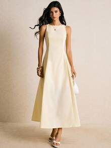 Poéselle 女式纯色休闲优雅无袖连衣裙 - 黃色 - 查看 4