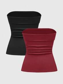 ROMWE Grunge Punk Spring/Summer Casual Baech Black Red Sexy Multi-Piece Black & White Solid Color Split Hem Women Tops - Red and Black - View 2