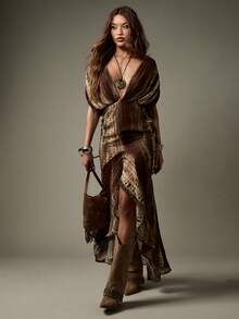 MISSGUIDED 波西米亚风条纹长裙，垂坠袖，高腰 V 领长裙，秋冬优雅晚会婚礼宾客飘逸长袍 - 彩色 - 查看 4