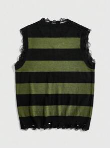 ROMWE MEN Prep 男士做旧撞色条纹针织背心 - 軍綠色 - 查看 2