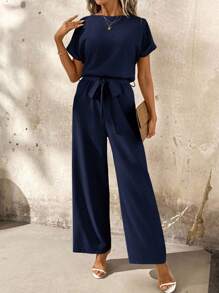 SHEIN Clasi 女士度假花卉蕾丝边圆领蝙蝠袖宽松连体裤 - 藏蓝色 - 查看 7