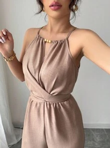 Elenzga Mono largo informal de mujer para primavera/verano de tela arrugada caqui con escote halter, cuentas en la cintura, diseño con botones y cordón