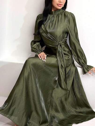 Veilorie Women's Solid Color Stand Collar Long Sleeve Waist Tie Elegant Dress  Winter Dresses For Women  Traditional Arab Clothing Birthday Dresses For Women  Wedding Guest Dress Elegant