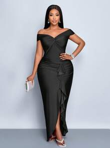 SOLERSUN Vestido de punto de talla grande con abertura lateral, decoración de volantes con un hombro, y detalle de retorcido en la parte delantera, para fiestas y bodas, en color vino tinto, para primavera y verano - Negro - Ver 6