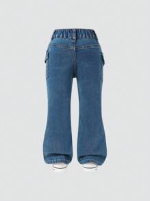 SHEIN Explorewe Girls Casual Multi-Pocket Elastic Waist Black Washed Cargo Flare Jeans Fall Winter - Dark Wash - View 2