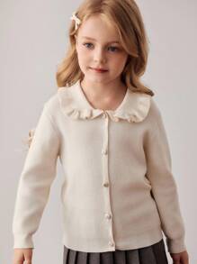 PrepCrw 女童学院风翻领纽扣针织开衫，适合秋冬季穿着。 - 白色 - 查看 1