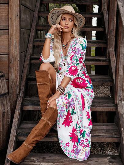 LanaWest Women's Elegant Digital Print Waist Cinched Dress