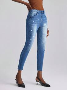 SHEIN Frenchy Women's Rhinestone Embellished Skinny Fit Denim Jeans - Blue - View 3