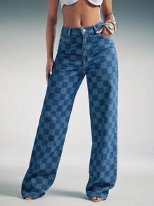 Denimoi Checkered Print Straight Leg Relaxed Fit Denim Jeans - Dark Wash - View 2