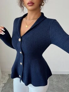 SHEIN Elenzya 优雅精致的仿开衫深蓝色长袖毛衣，秋冬 - 藍色 - 查看 6