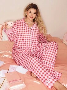 Conjunto de pijama de talla grande con camisa abotonada a cuadros y pantalones, ropa de otoño, atuendos acogedores - Rojo - Ver 1